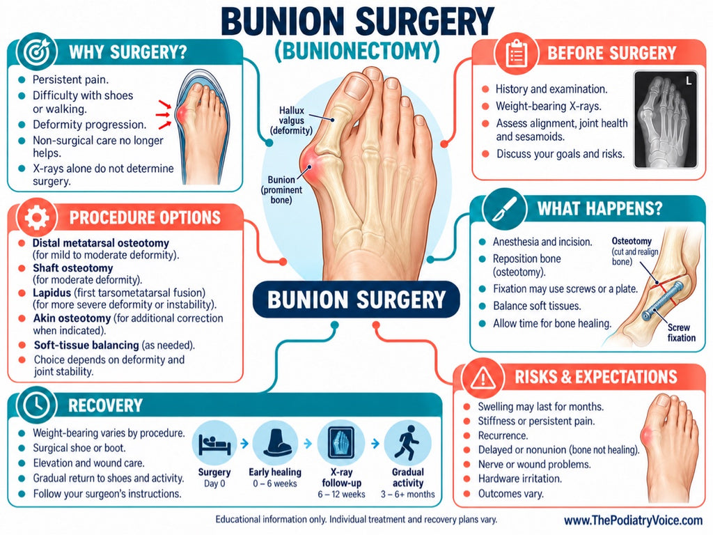 Bunion surgery (bunionectomy) patient education poster infographic for podiatry clinics