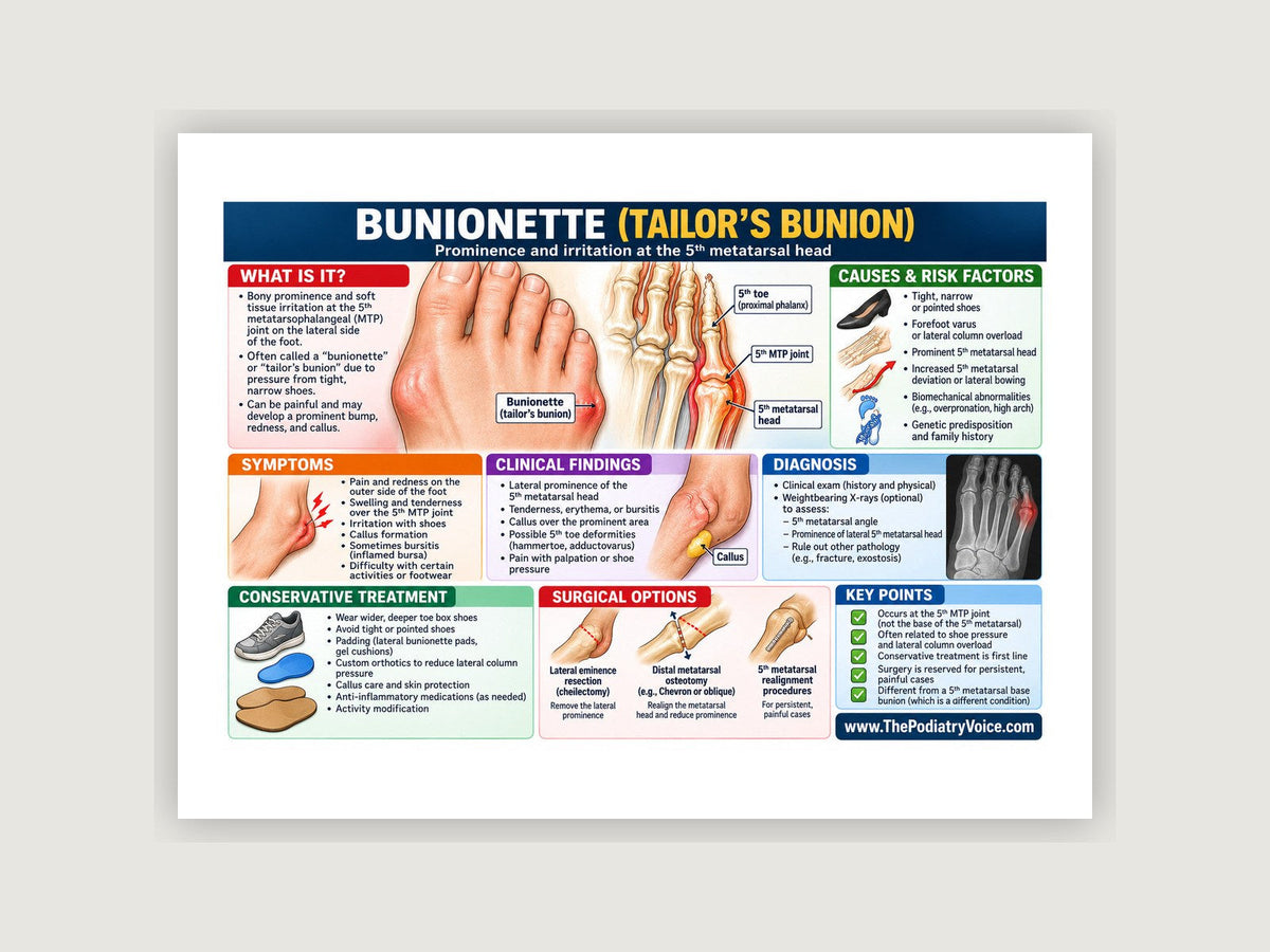 Bunionette patient education poster displayed on a podiatry exam room wall