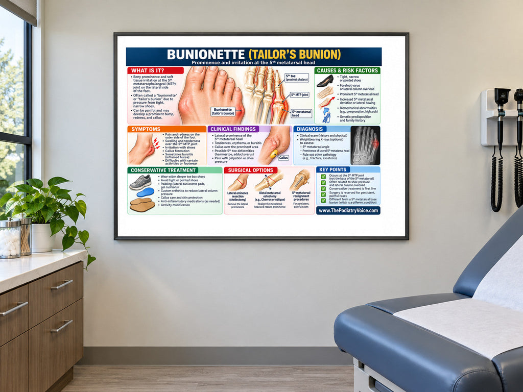 Bunionette poster displayed in a podiatry exam room