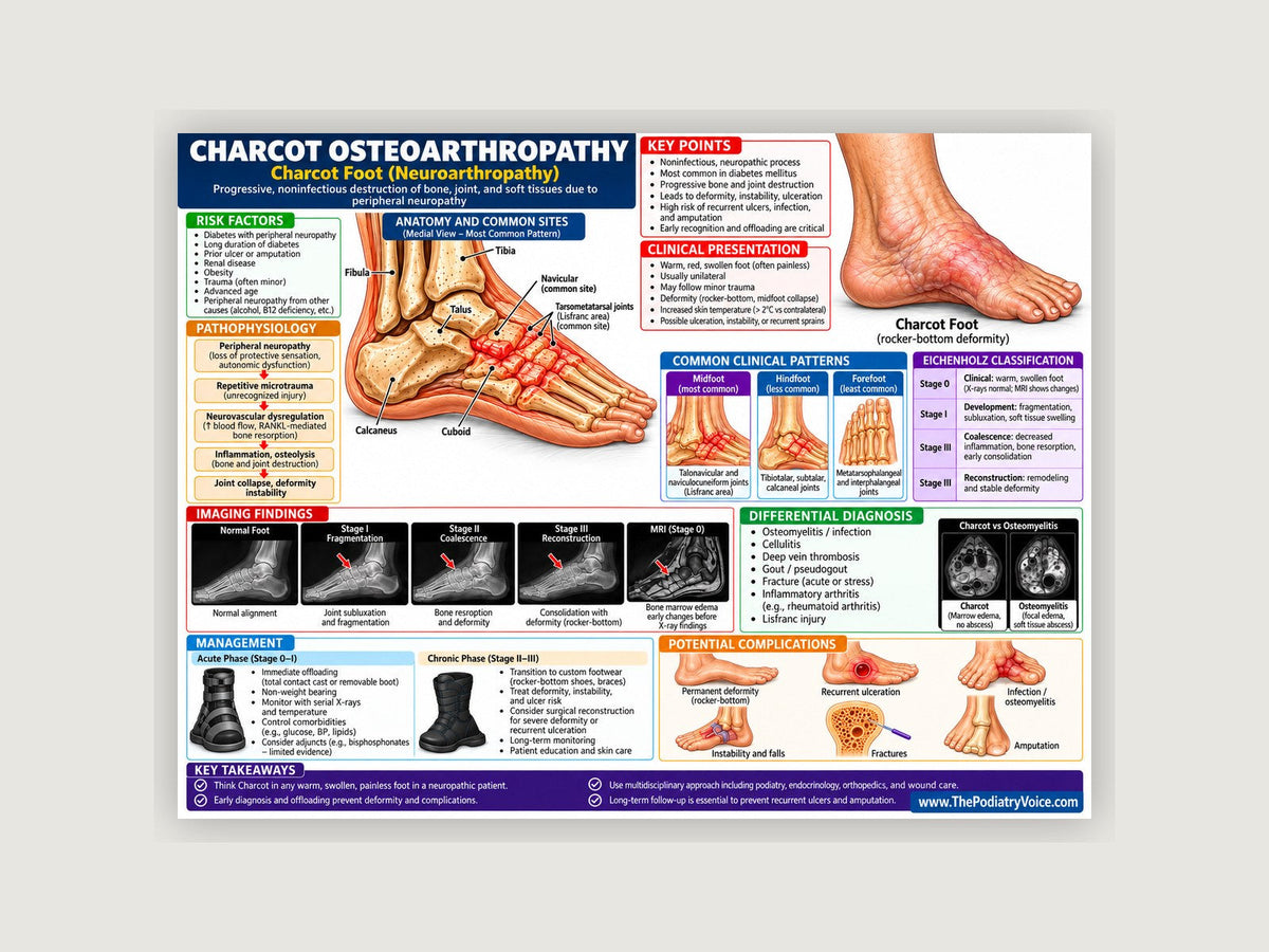 Charcot Foot patient education poster displayed on a podiatry exam room wall