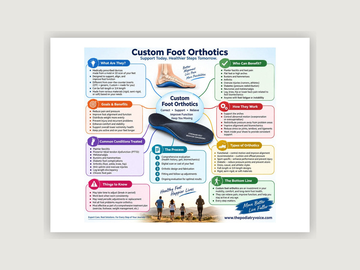 Custom Foot Orthotics patient education poster displayed on a podiatry exam room wall