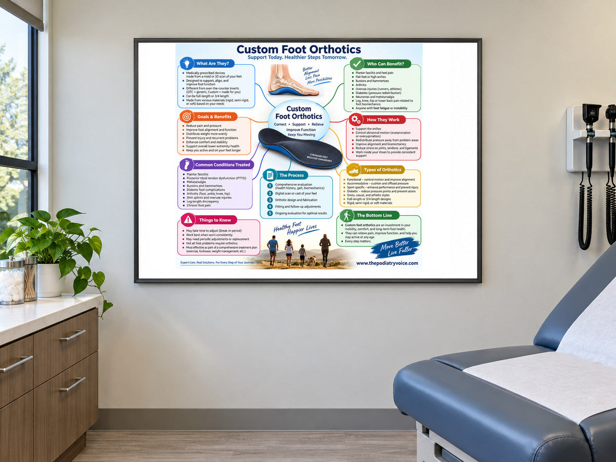 Custom Foot Orthotics poster displayed in a podiatry exam room