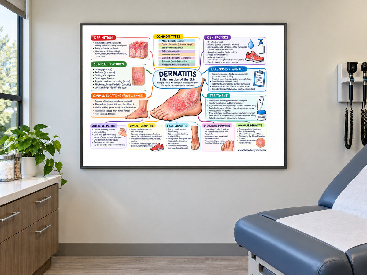 Foot & Ankle Dermatitis poster displayed in a podiatry exam room