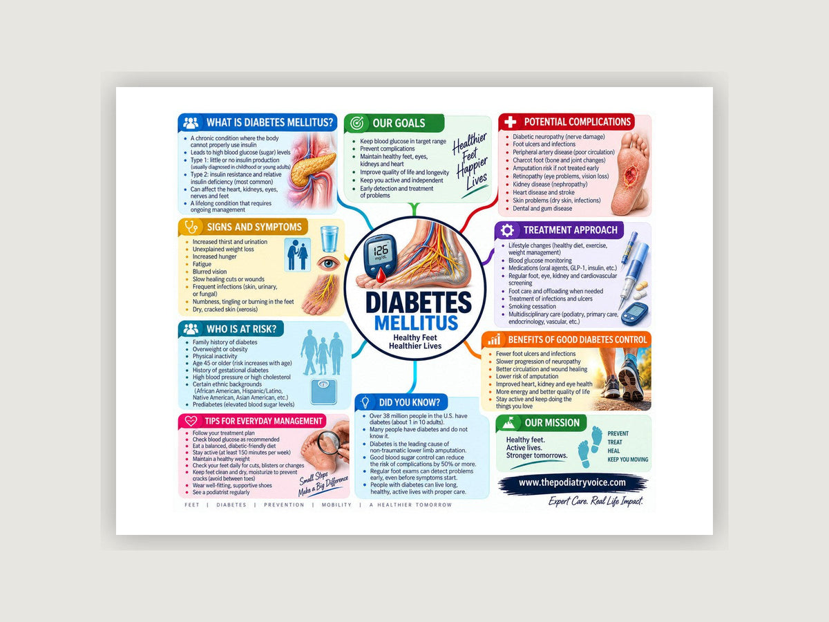 Diabetes & Foot Health patient education poster displayed on a podiatry exam room wall
