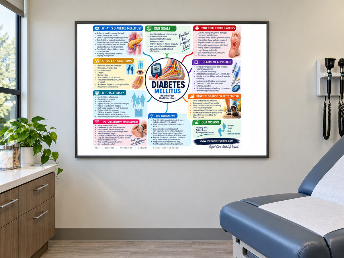 Diabetes & Foot Health poster displayed in a podiatry exam room