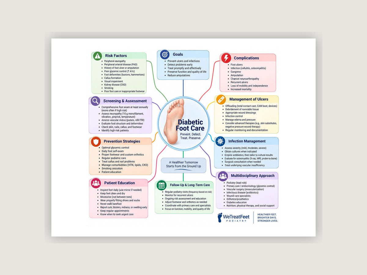 Diabetic Foot Care patient education poster displayed on a podiatry exam room wall