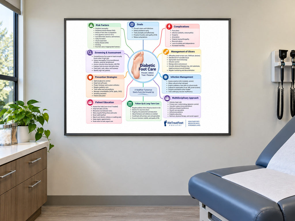 Diabetic Foot Care poster displayed in a podiatry exam room