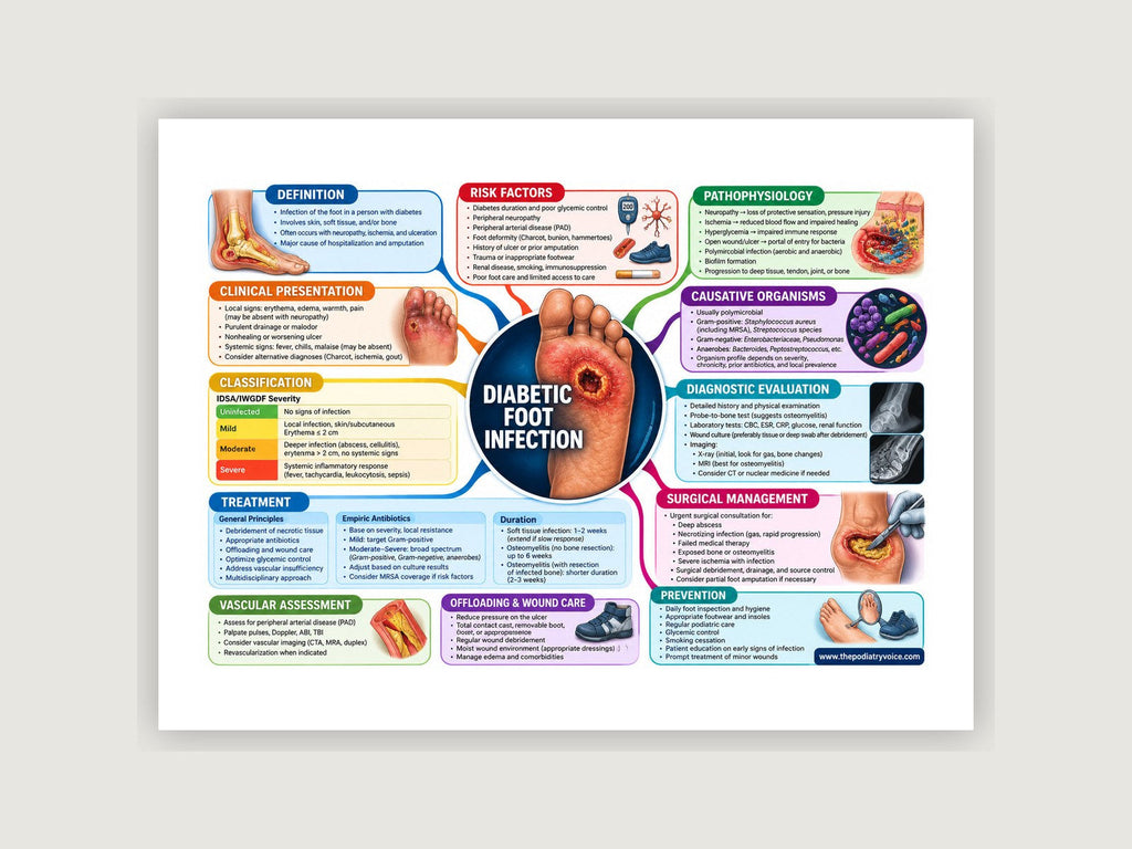 Diabetic Foot Infection patient education poster displayed on a podiatry exam room wall