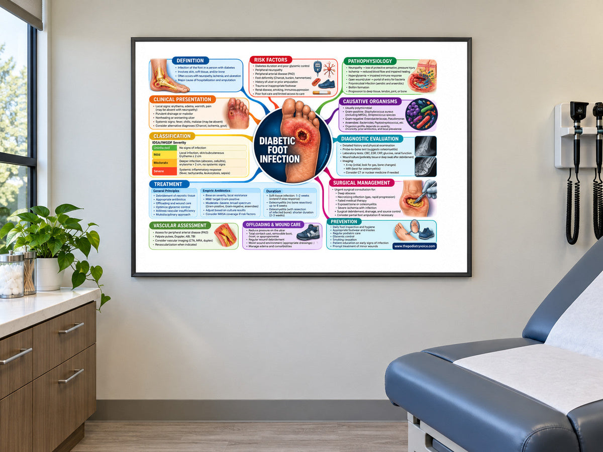 Diabetic Foot Infection poster displayed in a podiatry exam room