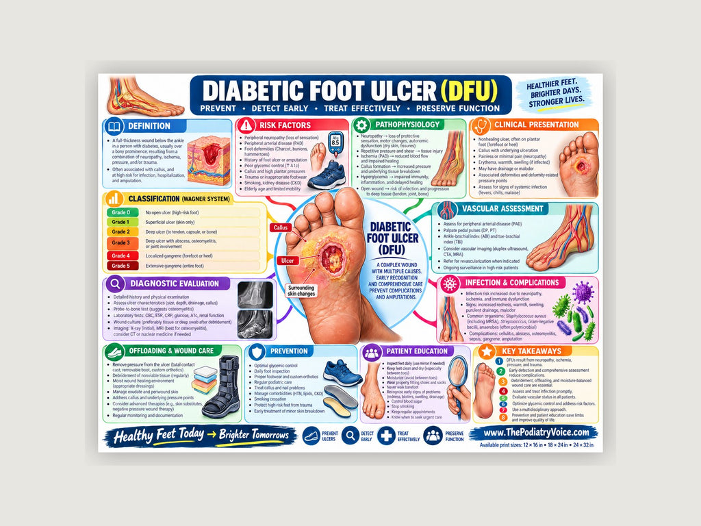 Diabetic Foot Ulcer patient education poster displayed on a podiatry exam room wall