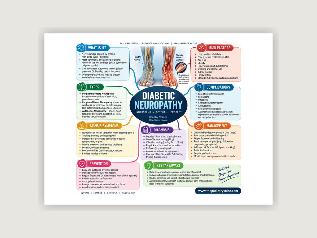 Diabetic Neuropathy patient education poster displayed on a podiatry exam room wall