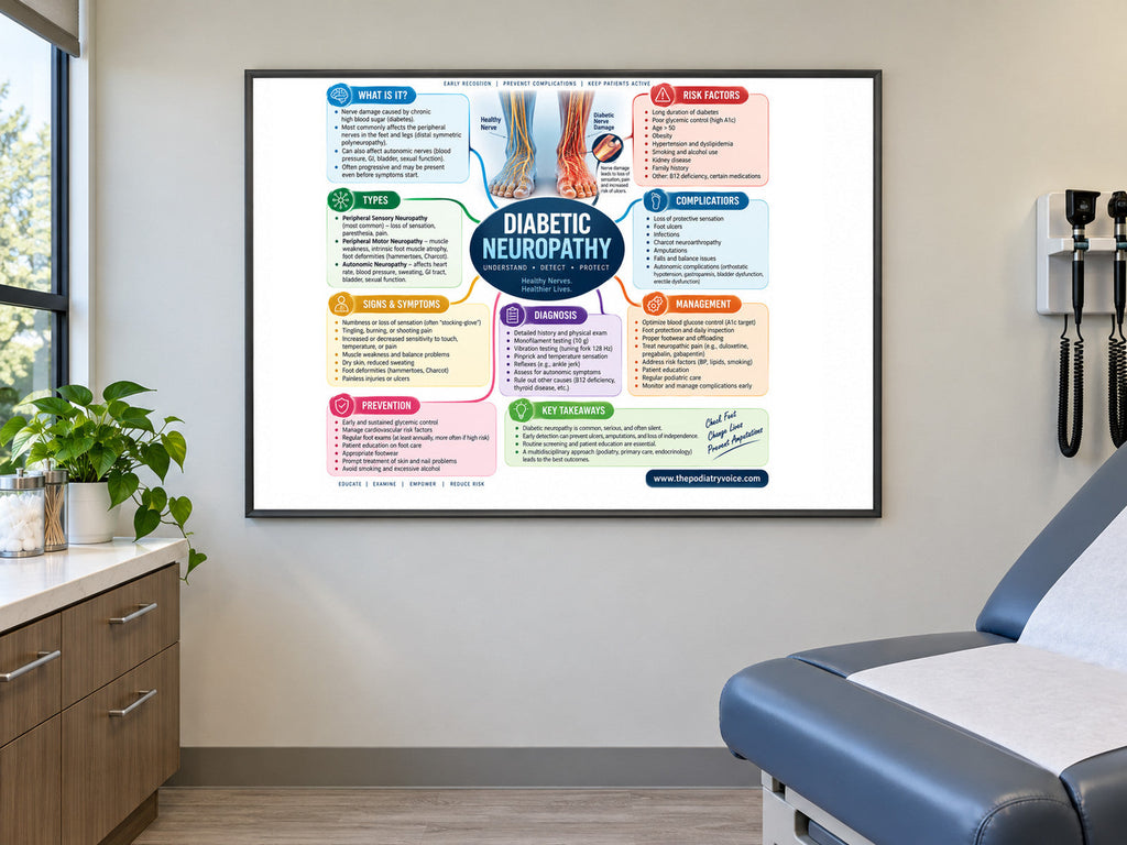Diabetic Neuropathy poster displayed in a podiatry exam room