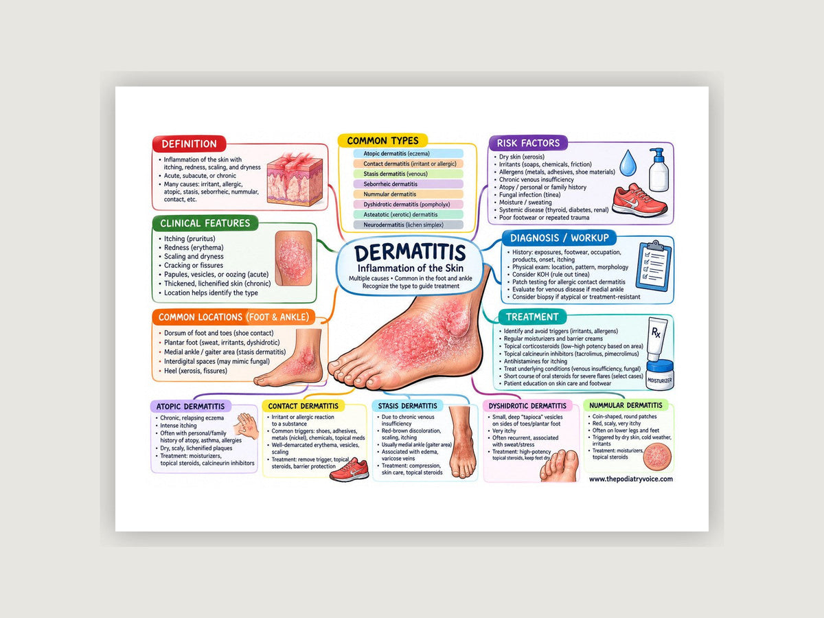 Foot & Ankle Dermatitis patient education poster displayed on a podiatry exam room wall