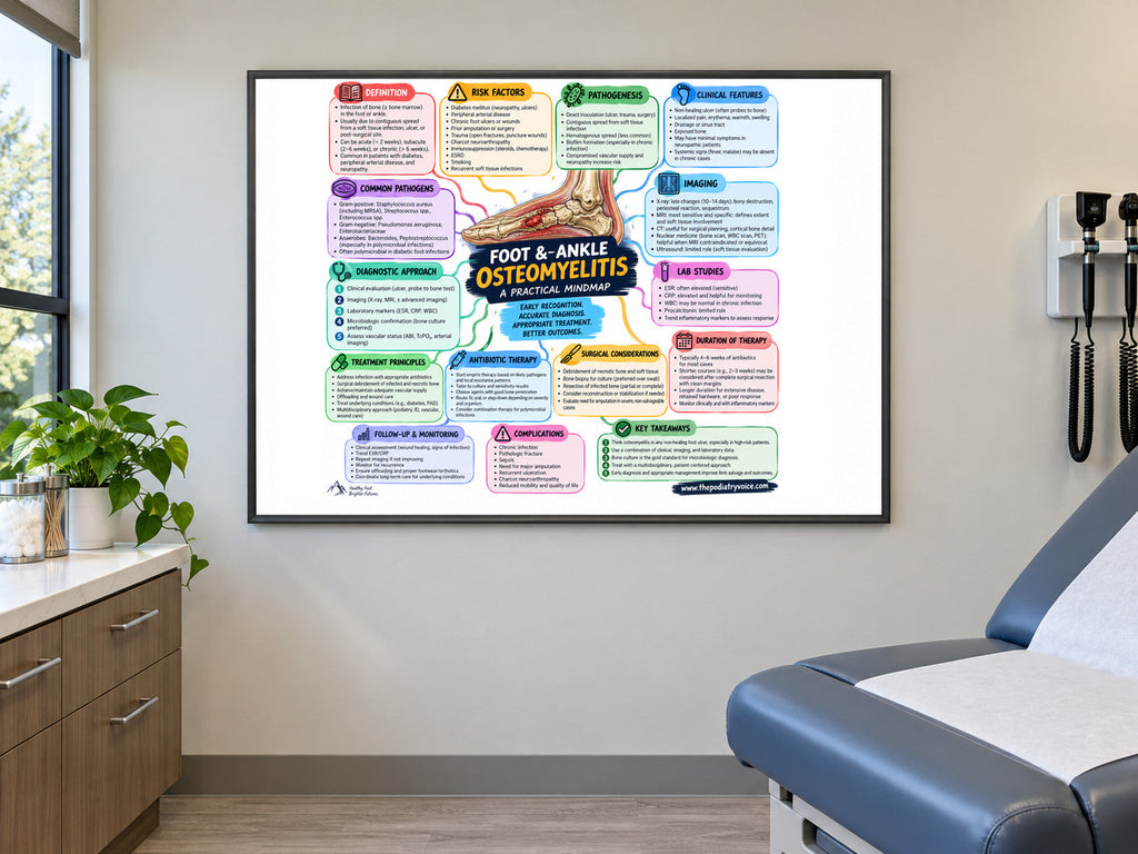 Foot & Ankle Osteomyelitis poster displayed in a podiatry exam room