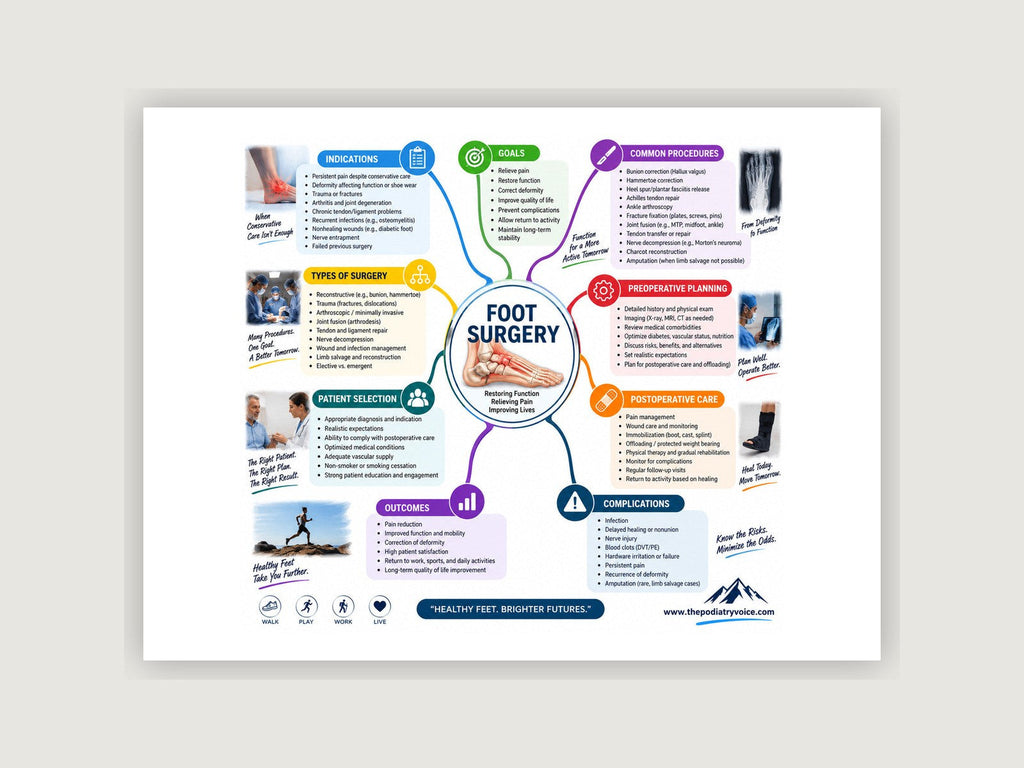 Foot Surgery patient education poster displayed on a podiatry exam room wall