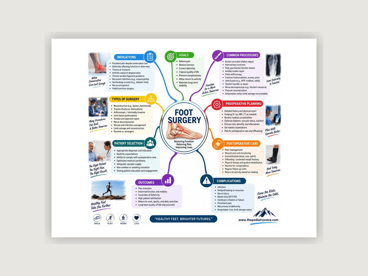 Foot Surgery patient education poster displayed on a podiatry exam room wall