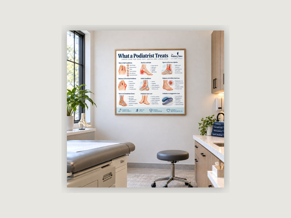 Hallux Abductovalgus patient education poster displayed on a podiatry exam room wall