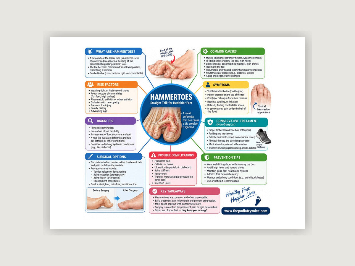 Hammertoes patient education poster displayed on a podiatry exam room wall