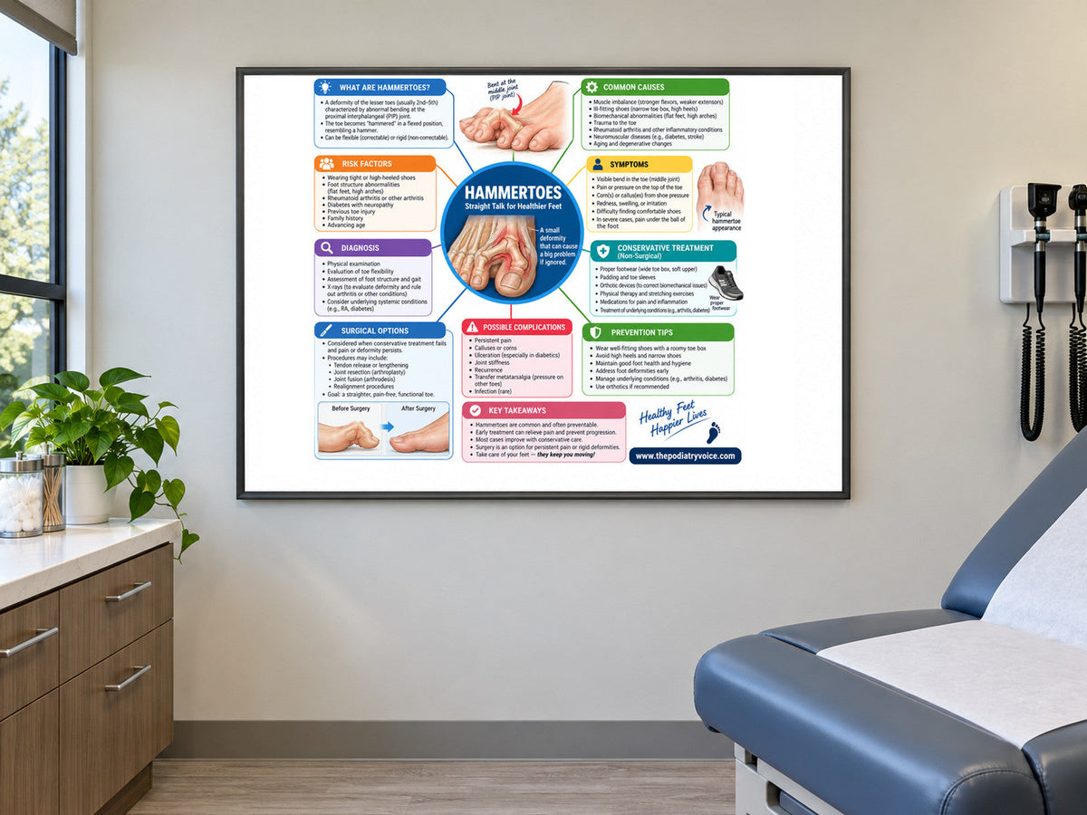 Hammertoes poster displayed in a podiatry exam room