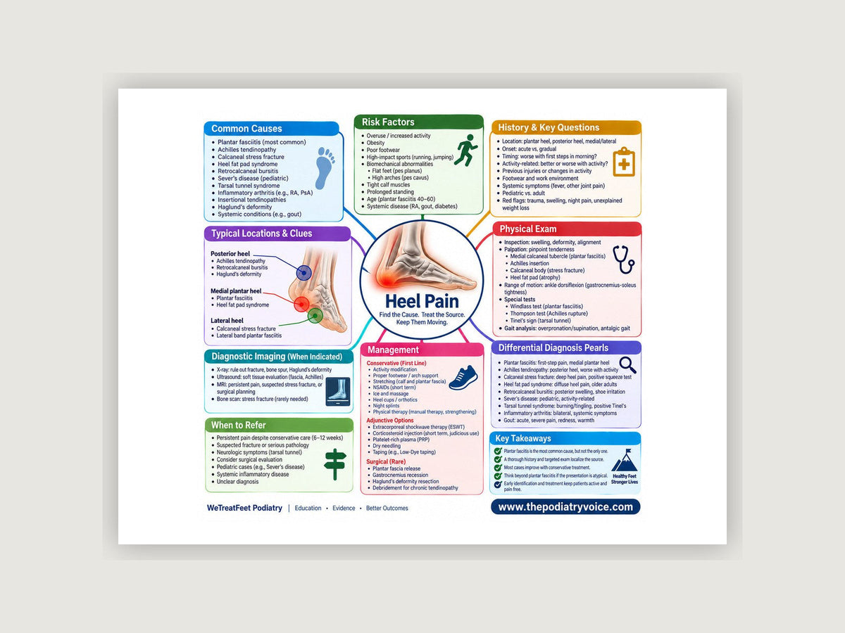 Heel Pain patient education poster displayed on a podiatry exam room wall