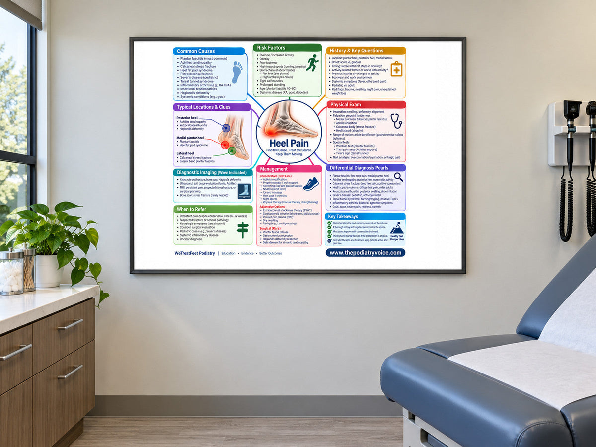 Heel Pain poster displayed in a podiatry exam room