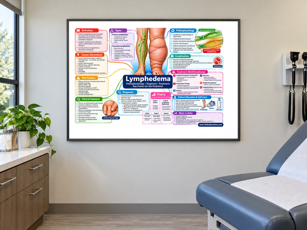 Lymphedema poster displayed in a podiatry exam room