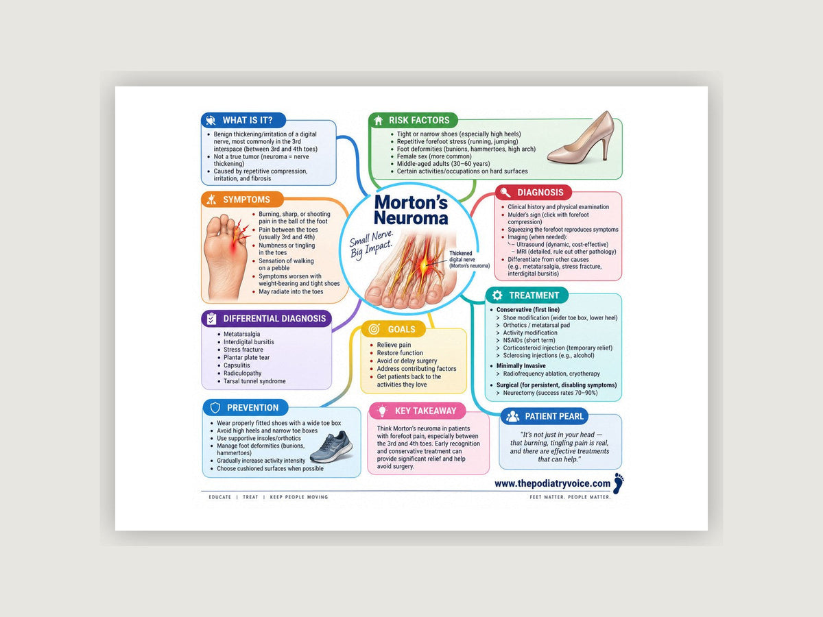 Morton's Neuroma patient education poster displayed on a podiatry exam room wall