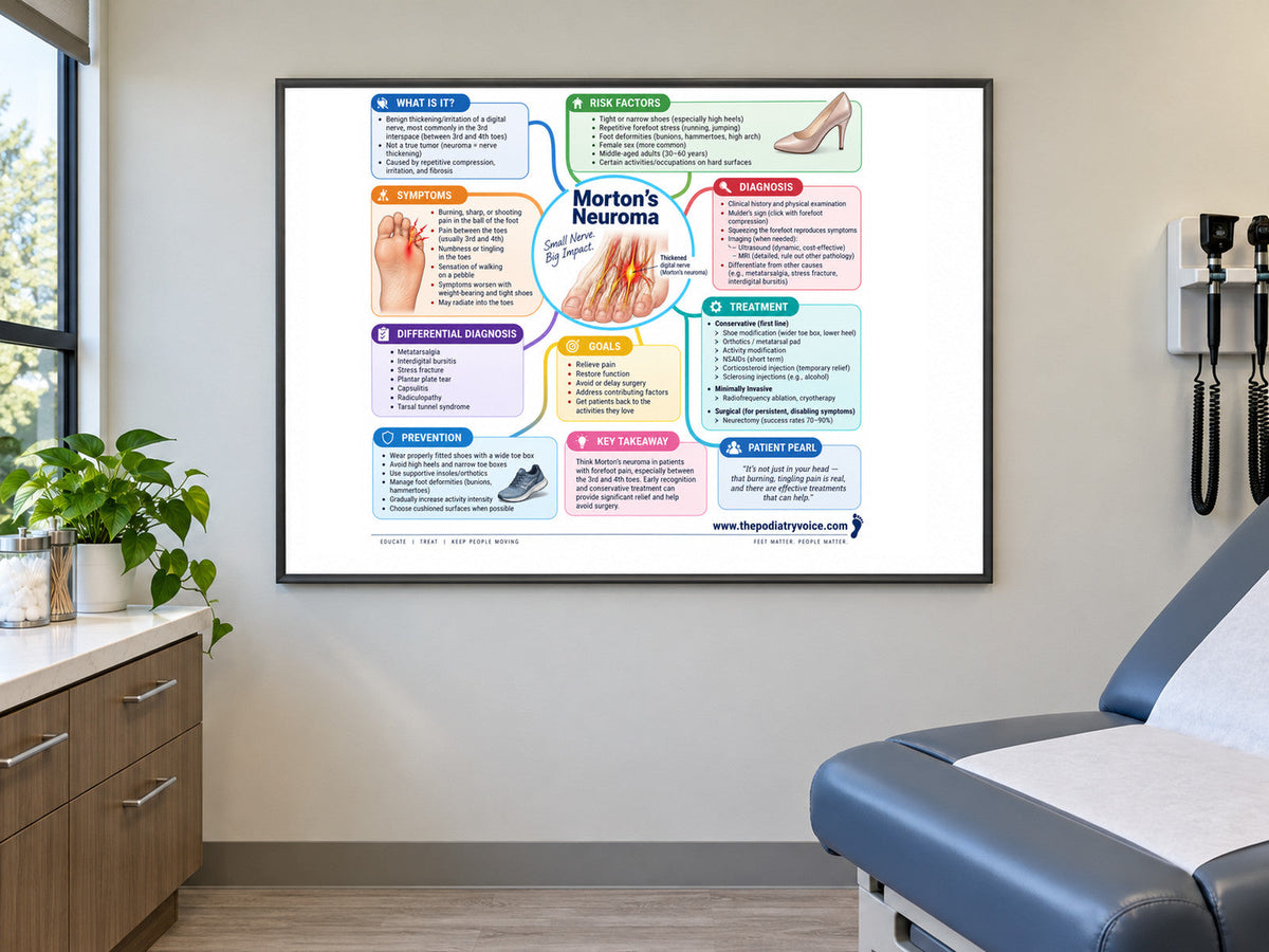 Morton's Neuroma poster displayed in a podiatry exam room