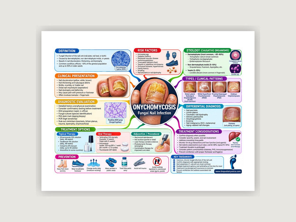 Onychomycosis patient education poster displayed on a podiatry exam room wall