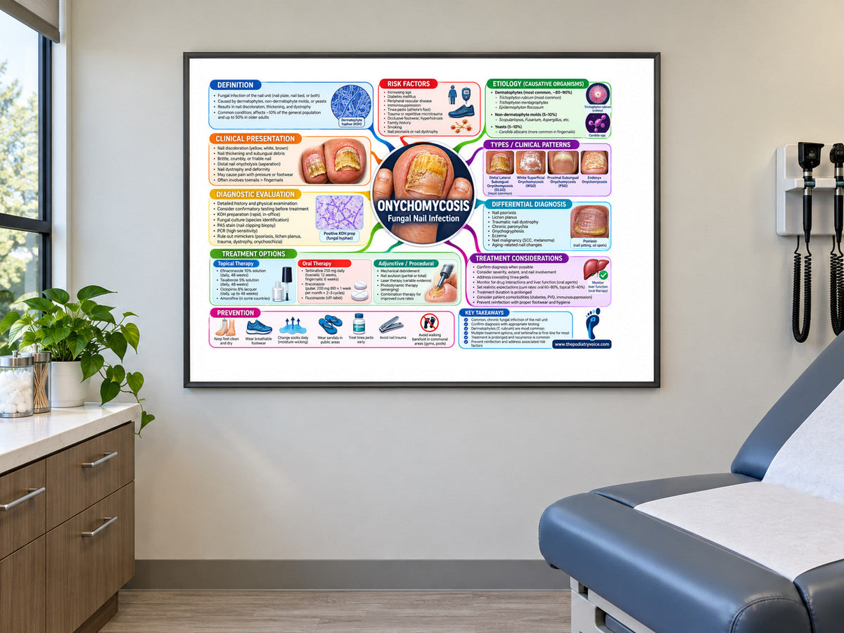 Onychomycosis poster displayed in a podiatry exam room