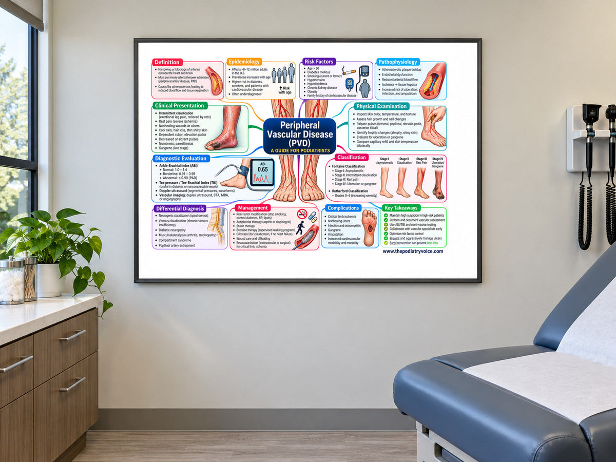 Peripheral Arterial Disease poster displayed in a podiatry exam room