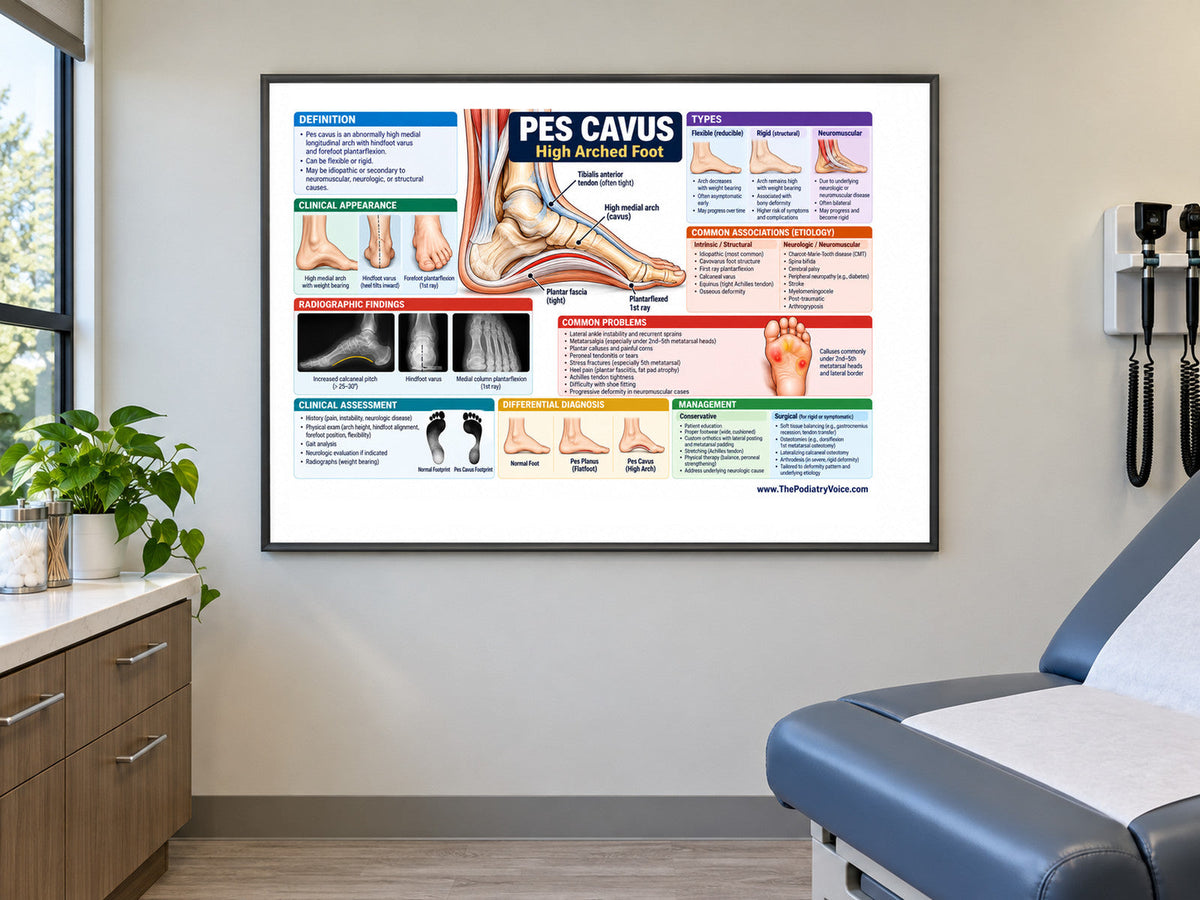 Pes Cavus poster displayed in a podiatry exam room
