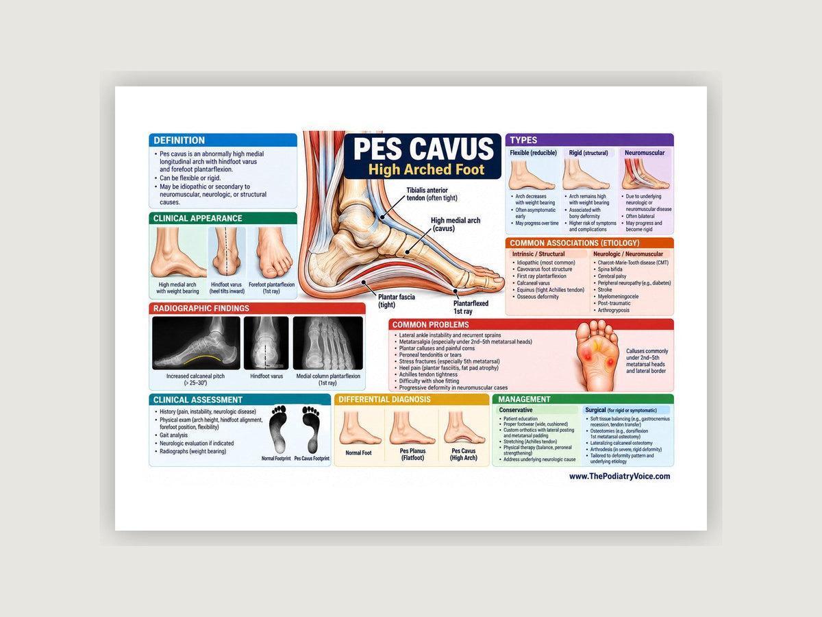 Pes Cavus patient education poster displayed on a podiatry exam room wall