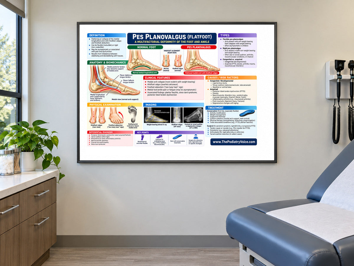 Pes Planovalgus poster displayed in a podiatry exam room
