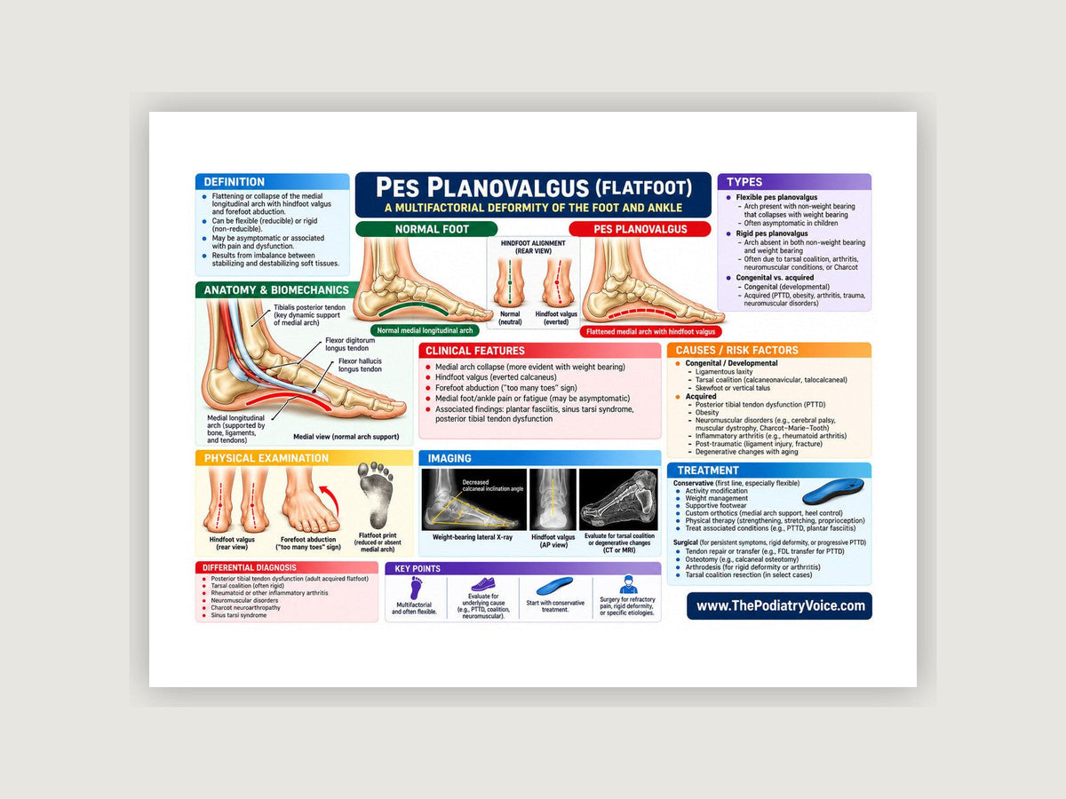 Pes Planovalgus patient education poster displayed on a podiatry exam room wall
