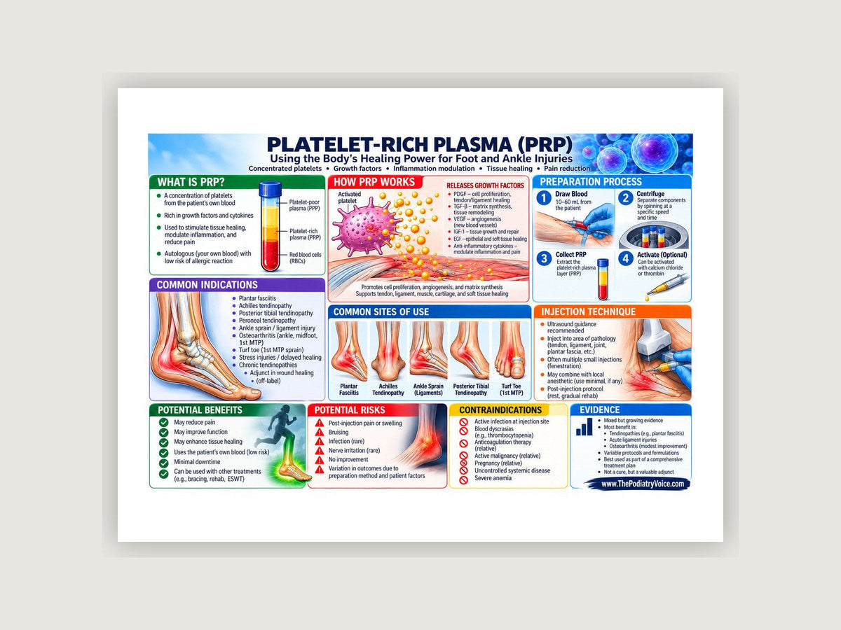 Platelet-Rich Plasma patient education poster displayed on a podiatry exam room wall