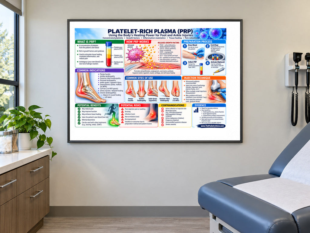 Platelet-Rich Plasma poster displayed in a podiatry exam room