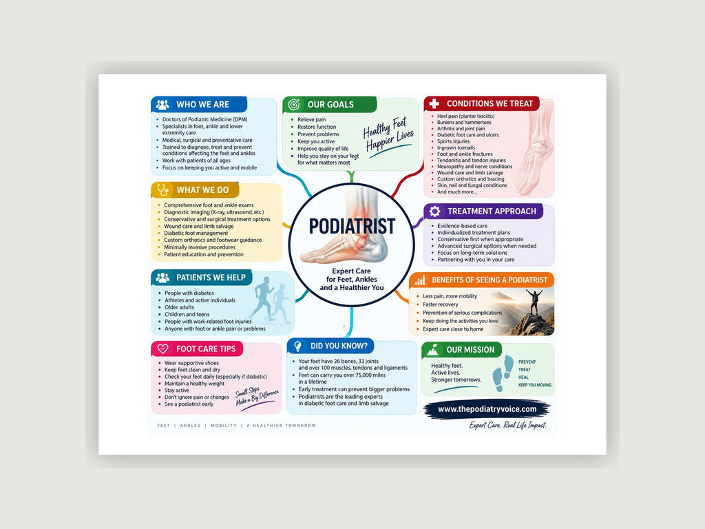 Podiatrist patient education poster displayed on a podiatry exam room wall