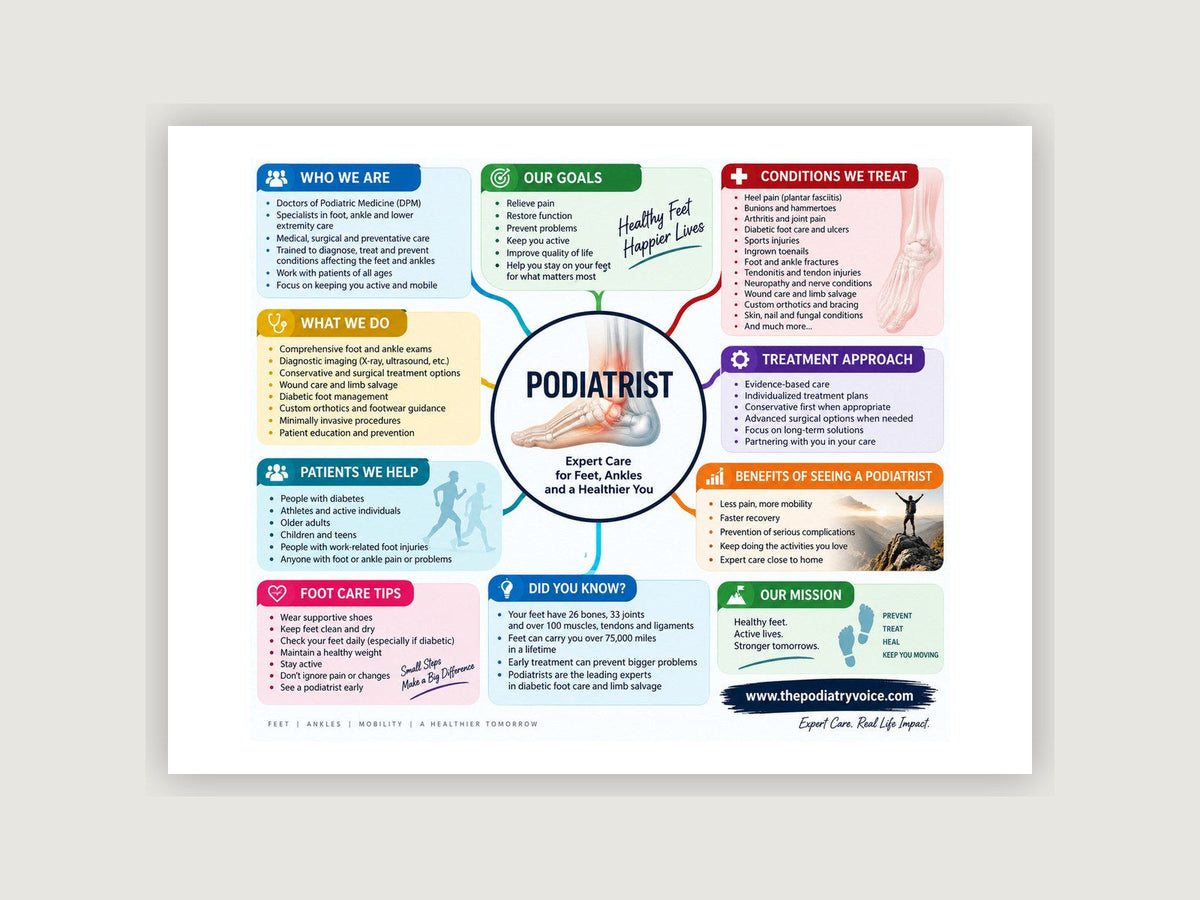 Podiatrist patient education poster displayed on a podiatry exam room wall