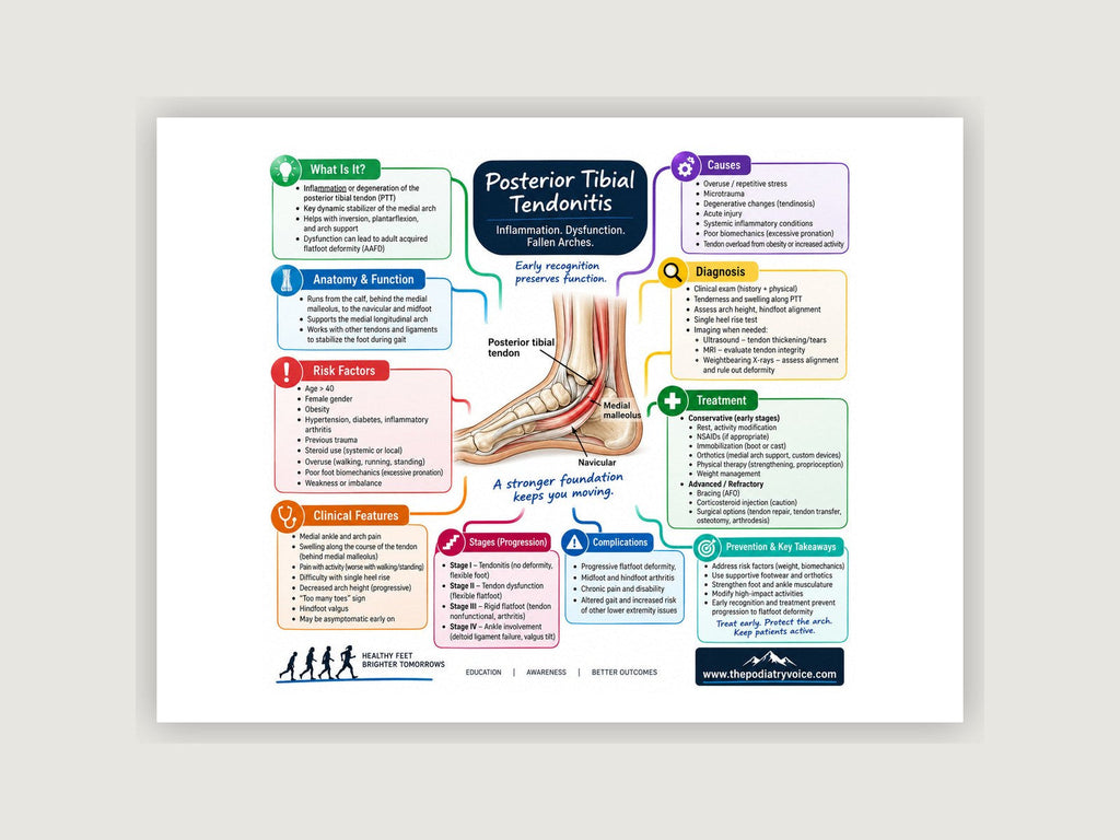 Posterior Tibial Tendonitis patient education poster displayed on a podiatry exam room wall