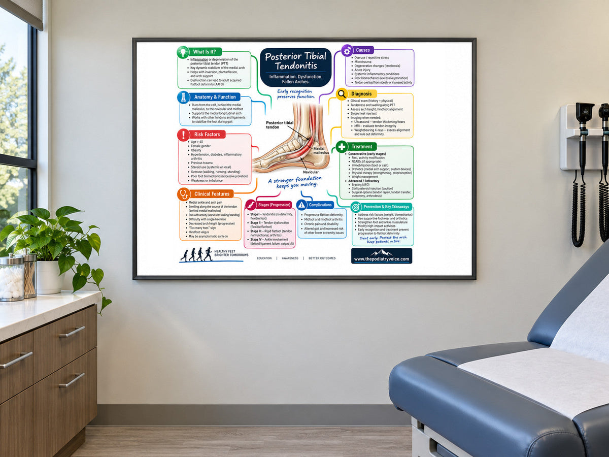 Posterior Tibial Tendonitis poster displayed in a podiatry exam room