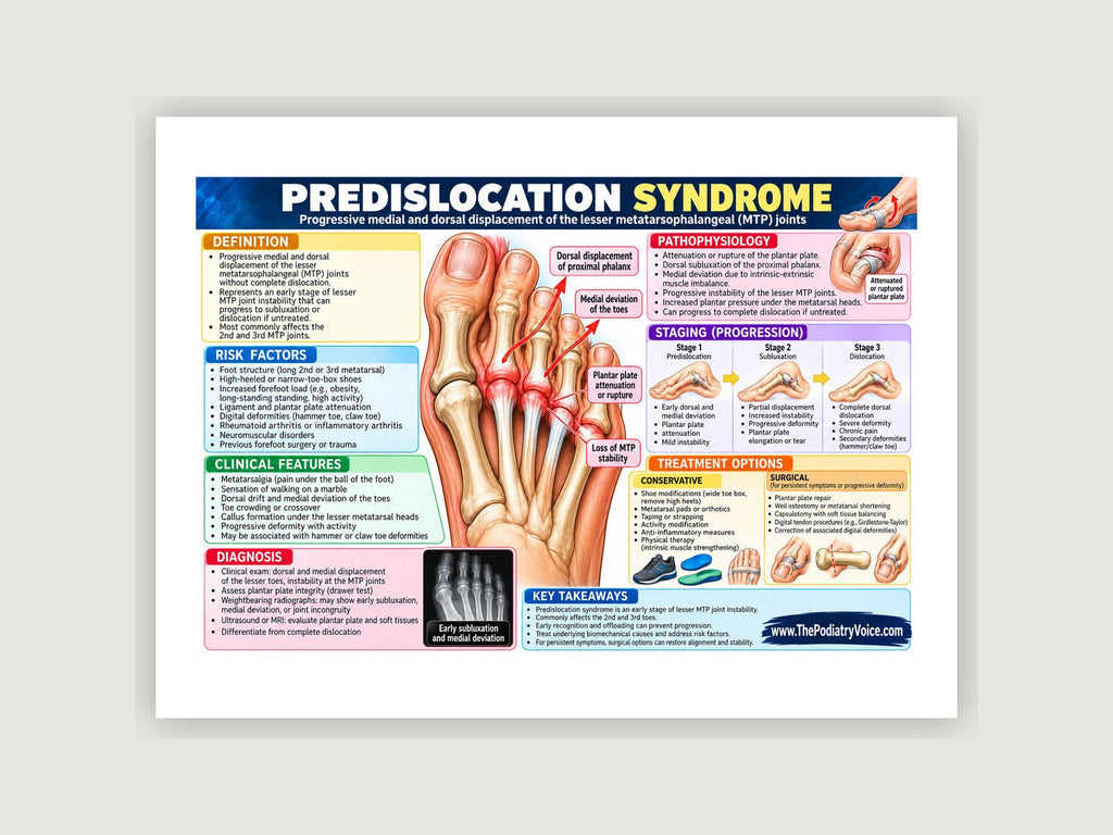 Predislocation Syndrome patient education poster displayed on a podiatry exam room wall