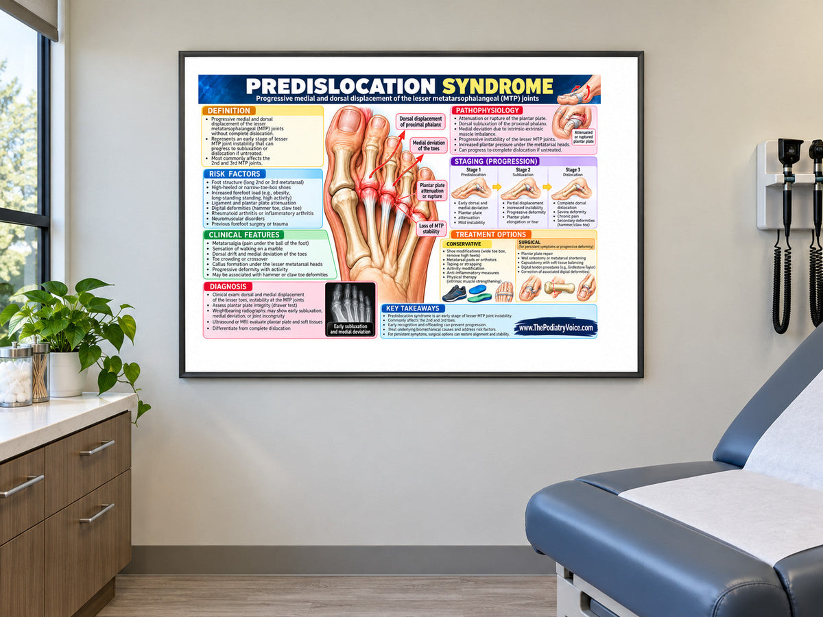Predislocation Syndrome poster displayed in a podiatry exam room