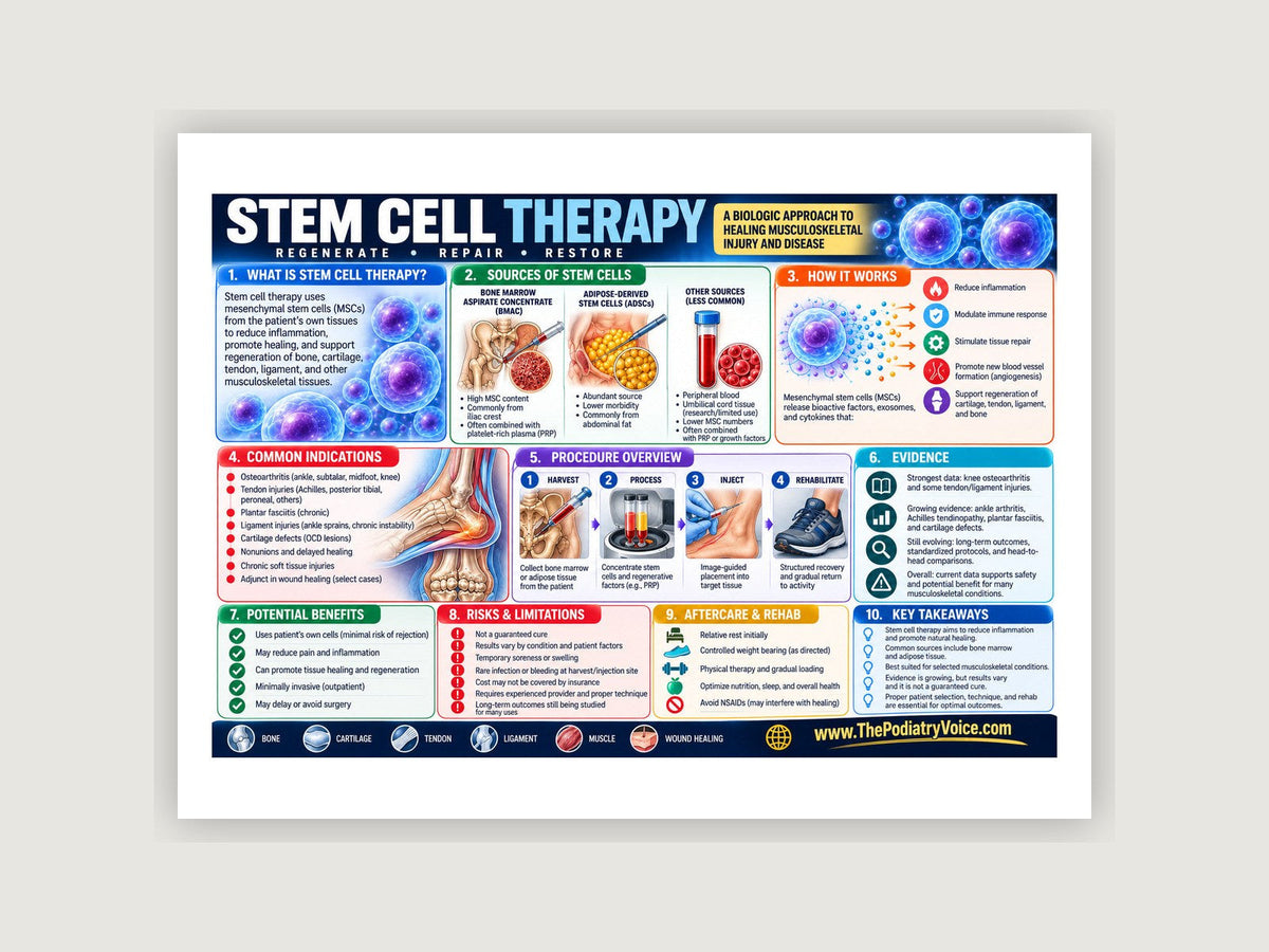 Stem Cell Therapy patient education poster displayed on a podiatry exam room wall