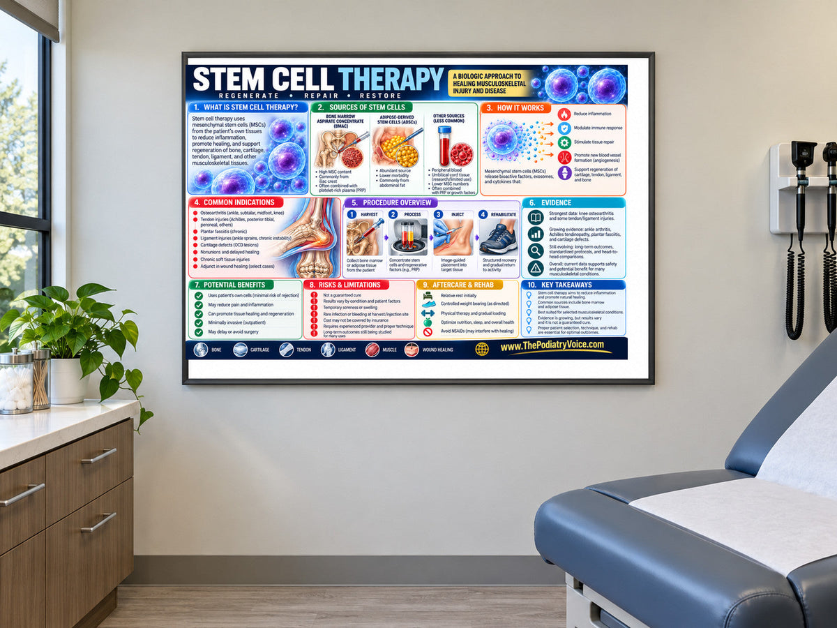 Stem Cell Therapy poster displayed in a podiatry exam room