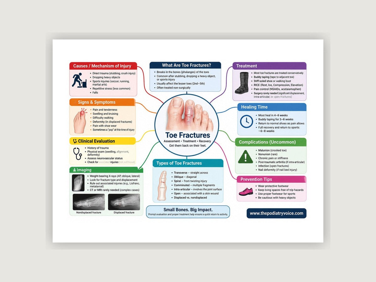 Toe Fracture patient education poster displayed on a podiatry exam room wall