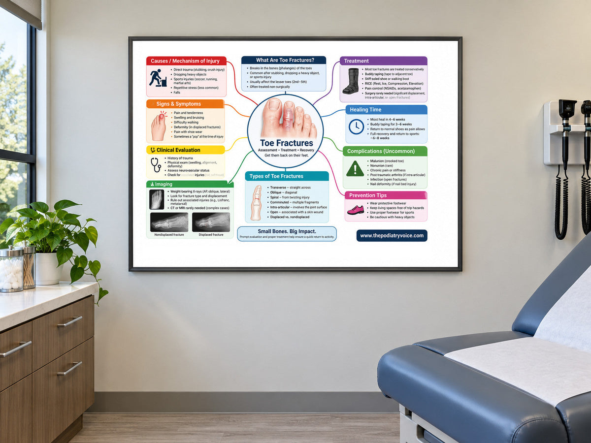 Toe Fracture poster displayed in a podiatry exam room