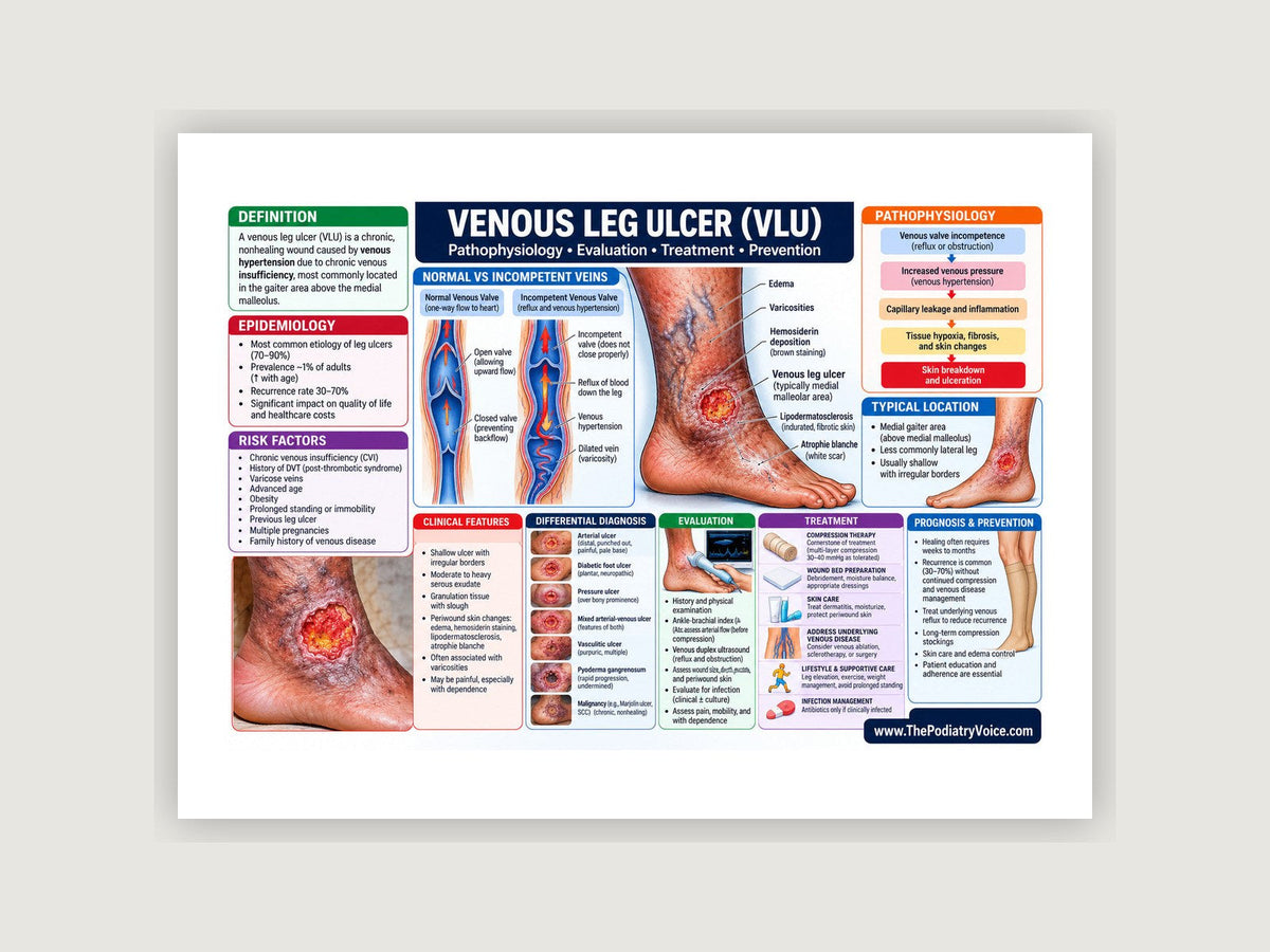 Venous Leg Ulcer patient education poster displayed on a podiatry exam room wall