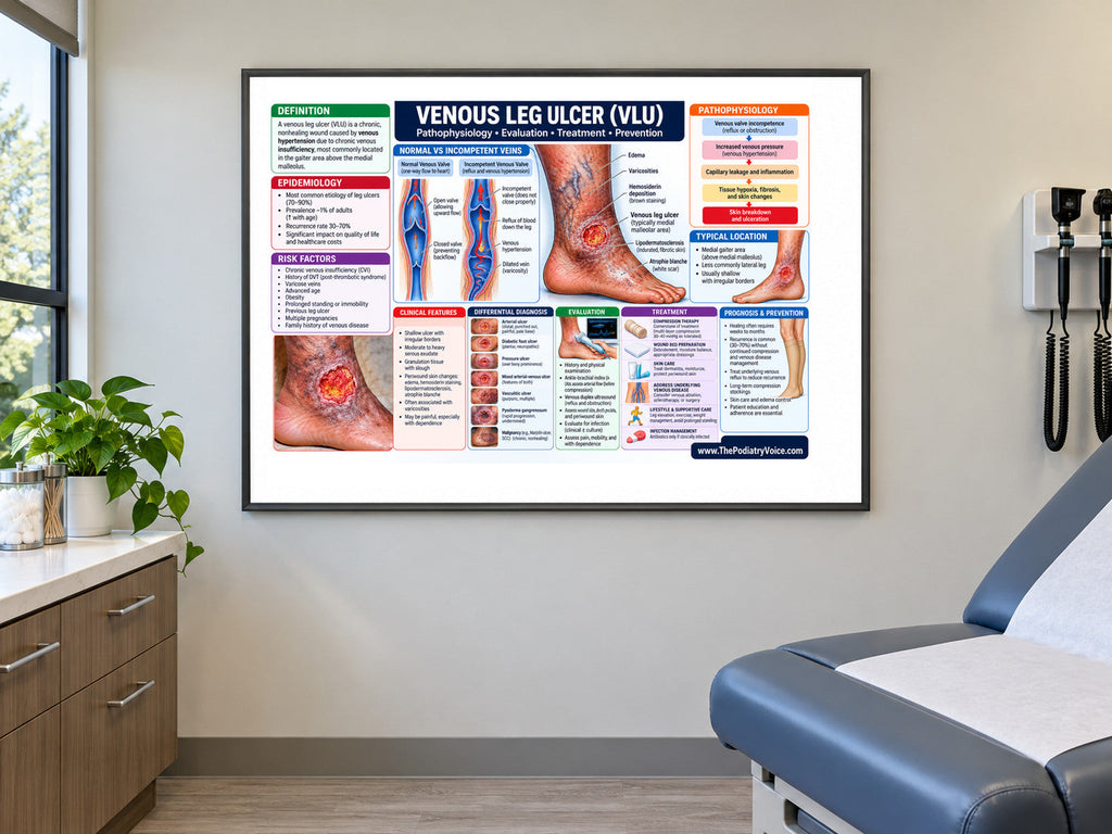 Venous Leg Ulcer poster displayed in a podiatry exam room