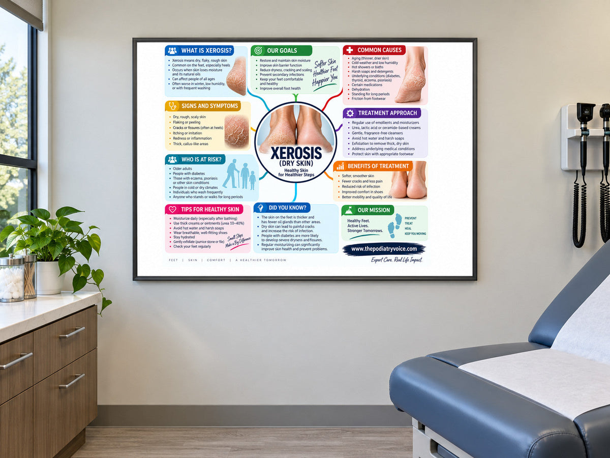 Xerosis poster displayed in a podiatry exam room